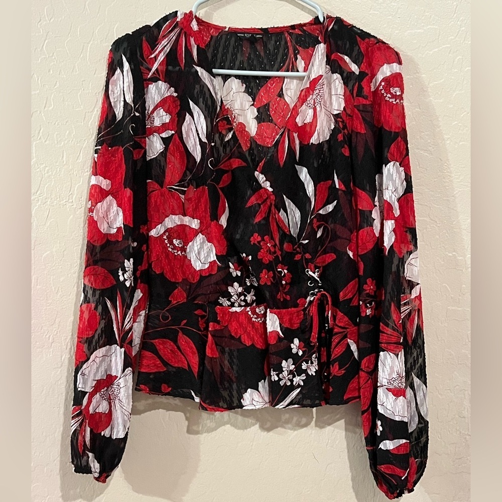 GUESS Marciano Black Red Floral Wrap Blouse – Size Small